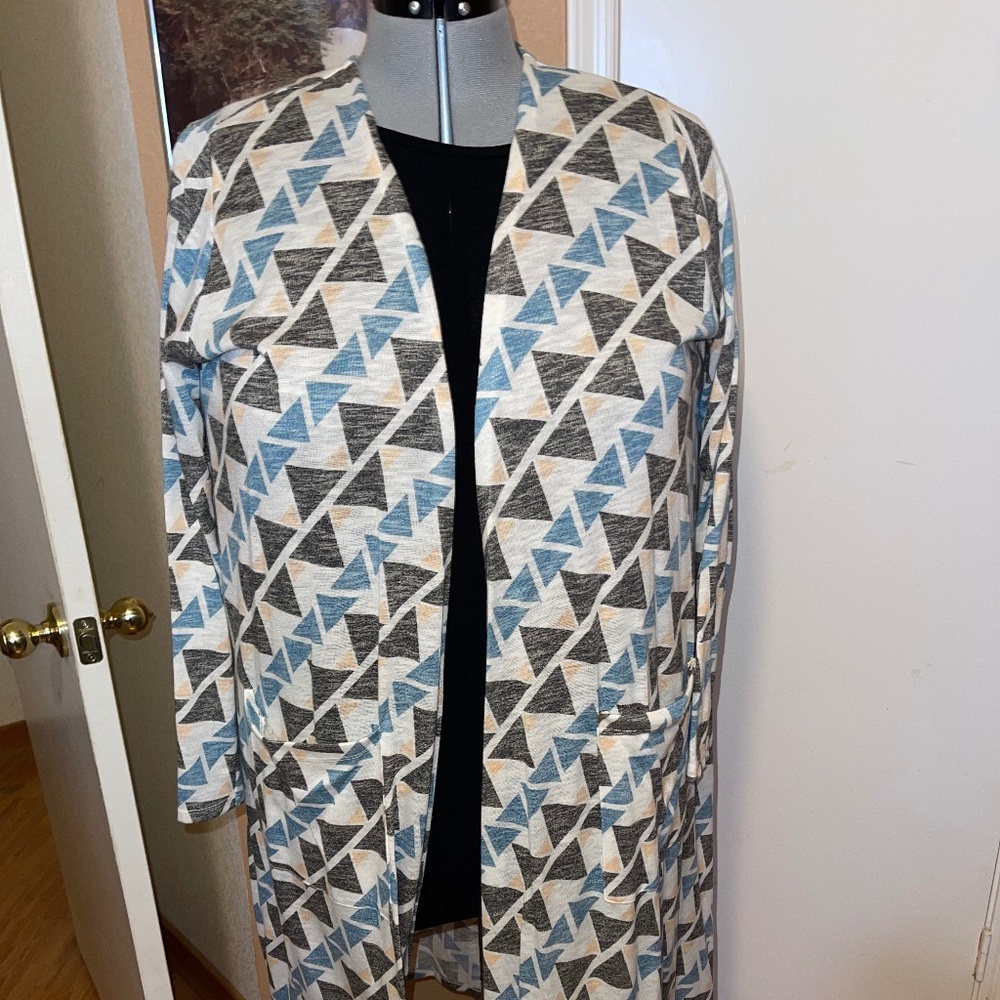 Long cardigan Cream with heather blue and grey